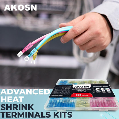302-Piece Heat Shrink Wire Terminal Connector Kit, Waterproof Crimp Connectors for Automotive, Marine & Home Wiring, Ring, Fork, Spade, Quick Disconnect, AWG 22-10 - PuriLite