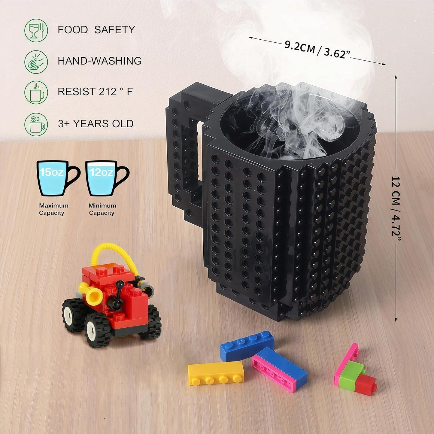 Lumsburry Build-on Brick Coffee Mug, Funny DIY Unique Novelty Drinking Cup | Building Blocks Creative Mug, for Men Women Kids Dad Mom, Present Exchange Ideas, Xmas Birthday White Elephant(Black)