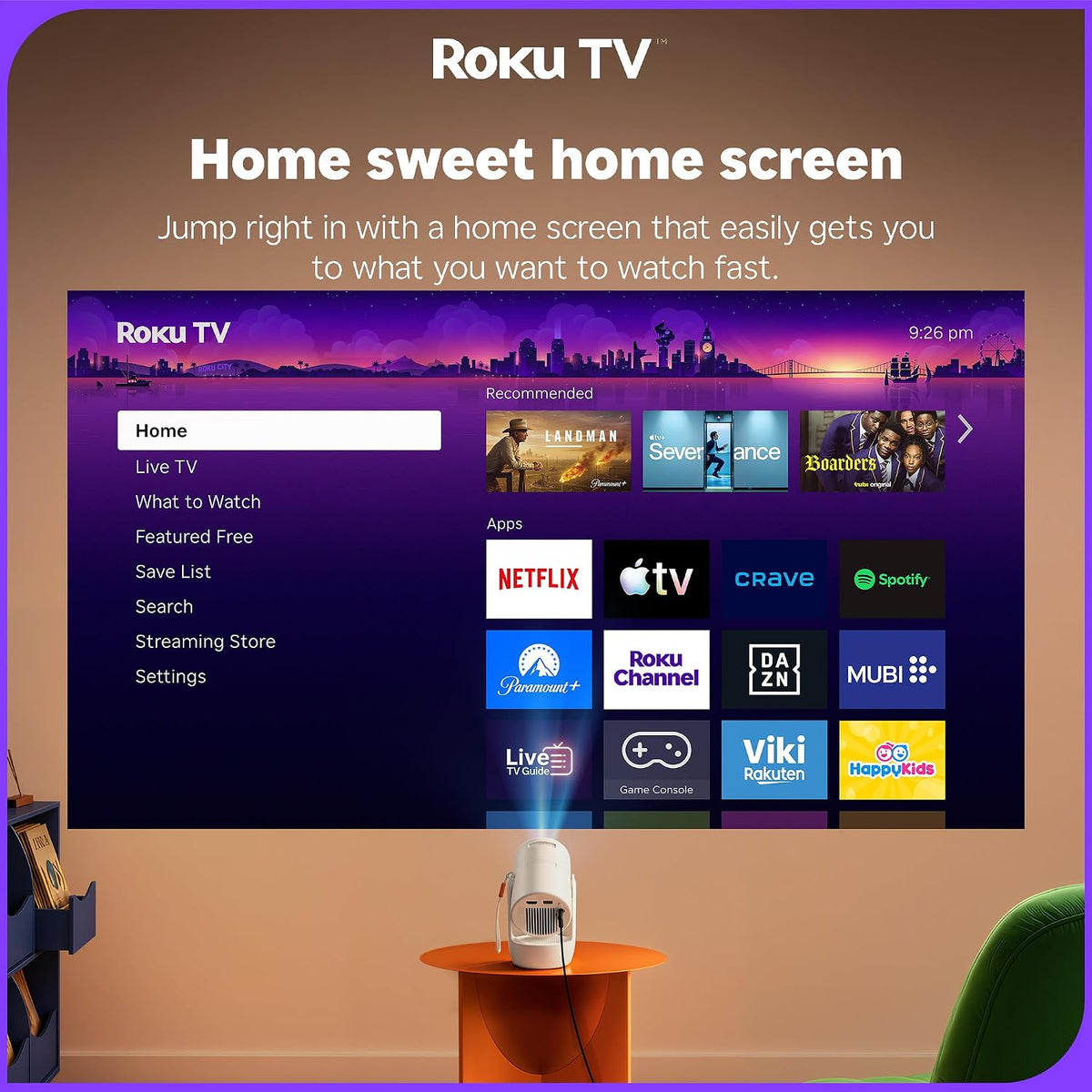 Aurzen Roku TV E1R Smart Portable Mini Projector with Bluetooth and AirPlay Roku TV Built-in, Upgraded Sound Base, 180° Rotation, Auto Vertical Keystone, 20–120″ Image for Home/Bedroom/Outdoor Movies