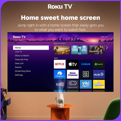Aurzen Roku TV E1R Smart Portable Mini Projector with Bluetooth and AirPlay Roku TV Built-in, Upgraded Sound Base, 180° Rotation, Auto Vertical Keystone, 20–120″ Image for Home/Bedroom/Outdoor Movies