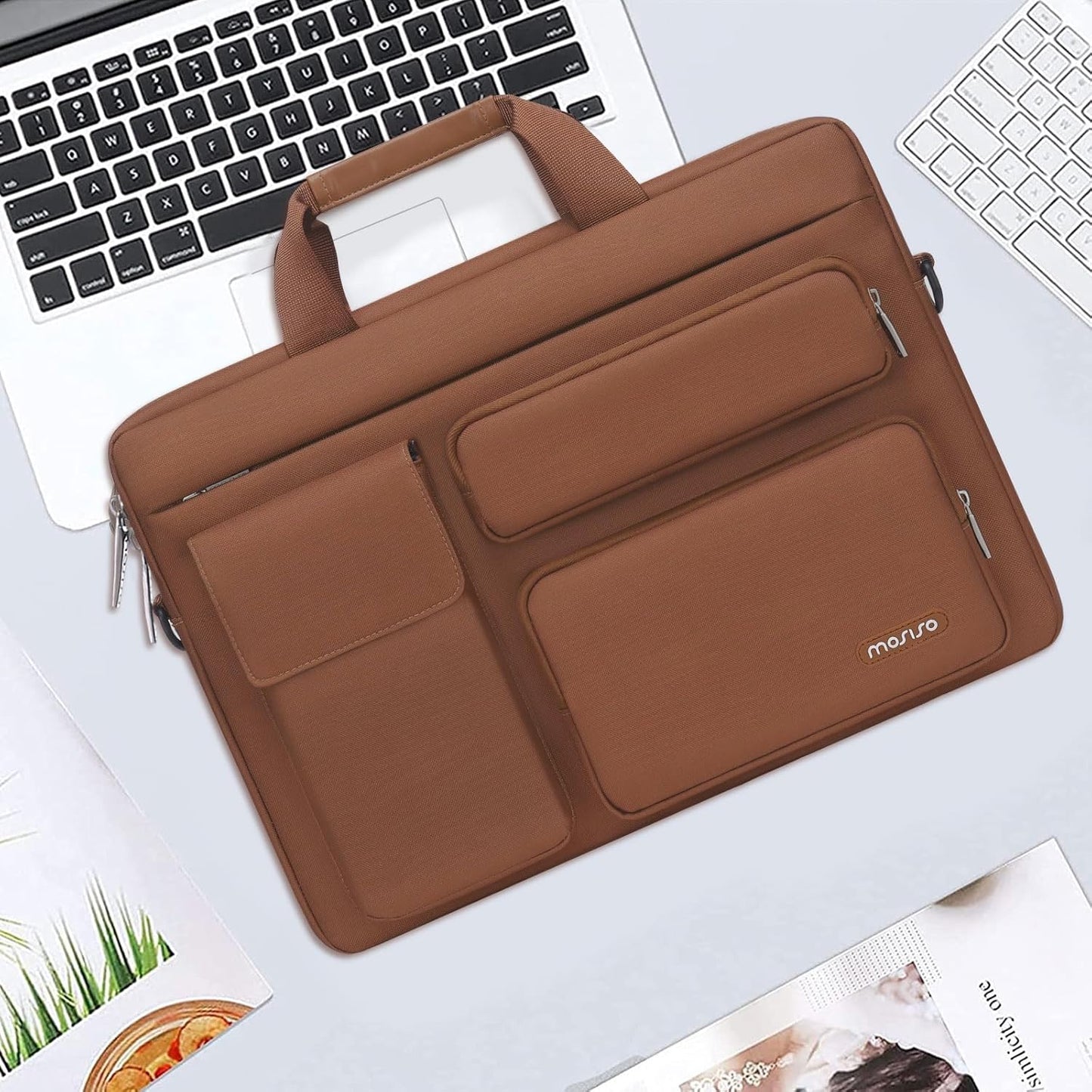 MOSISO Laptop Bag 16 inch, 15-15.6 inch Computer Shoulder Bag Compatible with MacBook Air 15 M4 M3 M2/Pro 16 M4 M3 M2 M1, Notebook &2 Raised&1 Flapover&1 Horizontal Pocket&Handle&Belt, Pink - PuriLite
