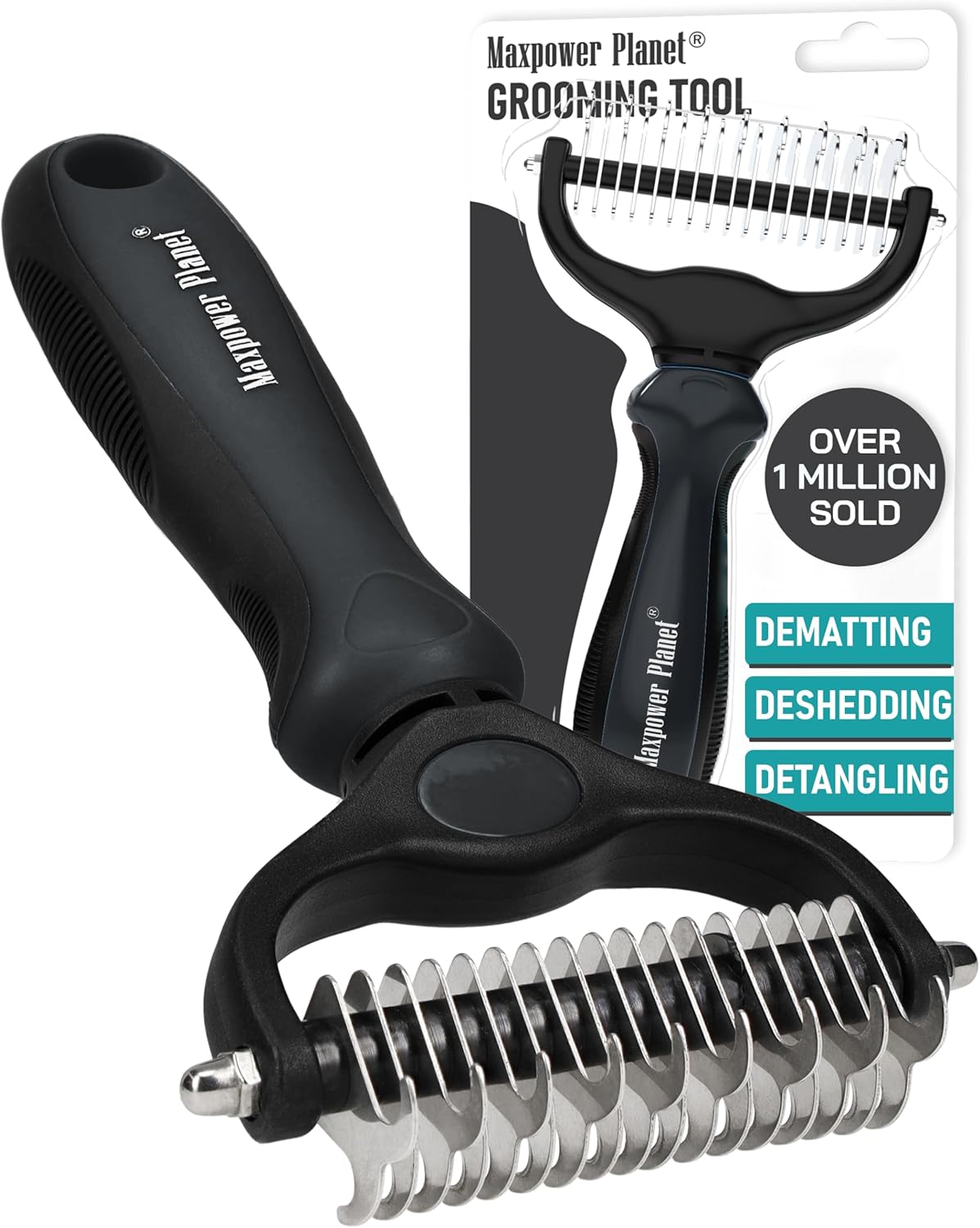 Maxpower Planet Pet Grooming Brush - Double Sided Shedding, Dematting - Undercoat Rake for Dogs - Dog Grooming Brush - Deshedding Brush for Dogs - Dog Brush, Cat Brush, Reduce Shedding by 95%, Black