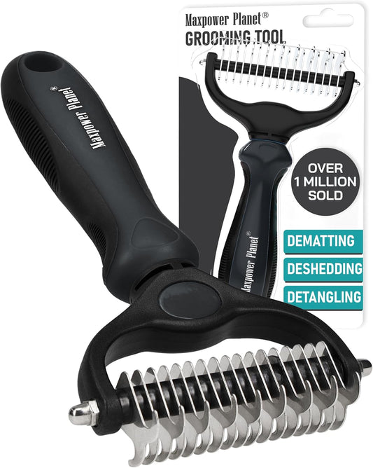 Maxpower Planet Pet Grooming Brush - Double Sided Shedding, Dematting - Undercoat Rake for Dogs - Dog Grooming Brush - Deshedding Brush for Dogs - Dog Brush, Cat Brush, Reduce Shedding by 95%, Black