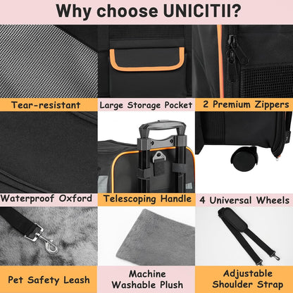 UNICITII Pets Carrier for Small Cat, Dog Medium Cats Puppies up to 20 Lbs, Airline Approved Carrier Soft Sided, Collapsible Travel Puppy Carrier (Grey-with Wheels)