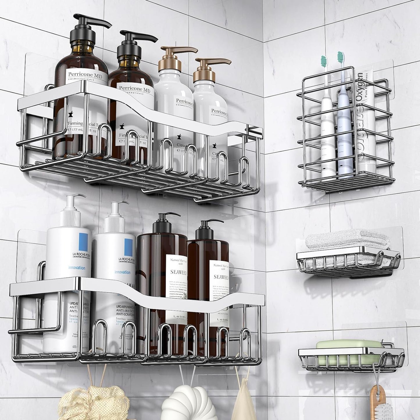 EUDELE 5-Pack Rustproof Stainless Steel Shower Caddy – No Drill Adhesive Bathroom Organizer with Large Capacity, Spacious Shower Shelves for Inside Shower, Kitchen & Home Decor Storage