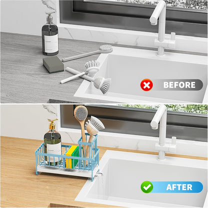 Cisily Sponge Holder for Kitchen Sink, Sink Caddy with High Brush Holder, Organzier Rustproof 304 Stainless Steel Dish Organizer Divider, Soap Dispenser Storage (Black)