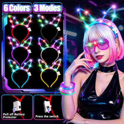 156Pcs Glow In The Dark Party Supplies for Kids/Adults, Light Up Accessories LED Bracelet Necklaces Glasses Headband Glow Sticks Bulk Party Pack Neon Disco Birthday Pool Summer Party Decorations