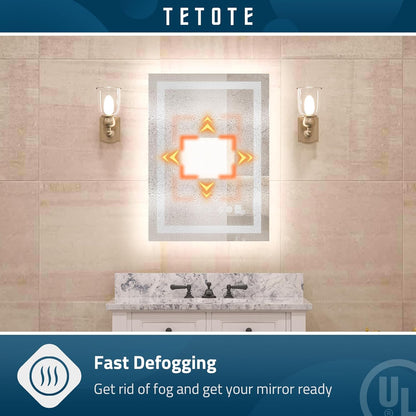 TETOTE LED Bathroom Mirror 20x28 Frontlit & Backlit Lighted Vanity Mirror Anti Fog Stepless Dimmable 3 Colors White/Warm/Natural,Double Lights,Wall-Mounted(Horizontal/Vertical)