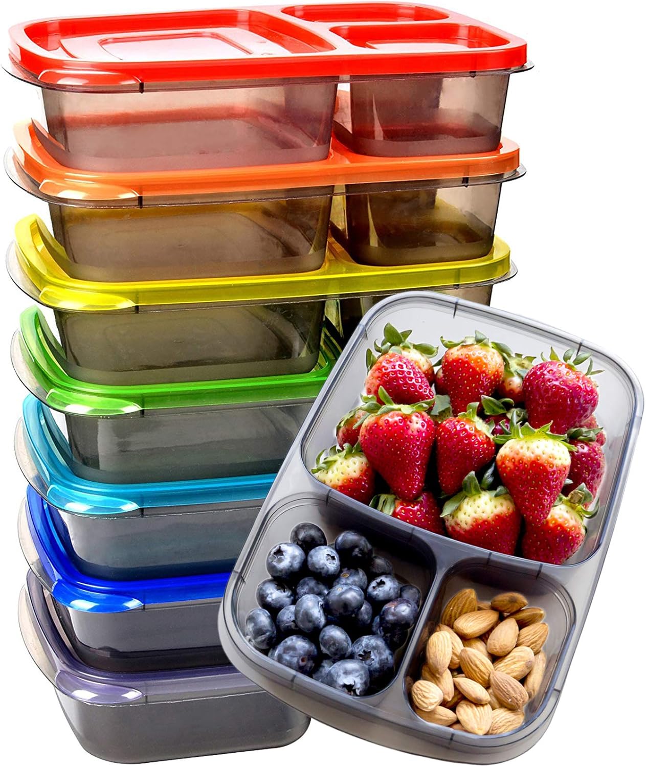 Youngever 7 Pack Bento Lunch Box, Meal Prep Containers, Reusable 3 Compartment Plastic Divided Food Storage Container Boxes