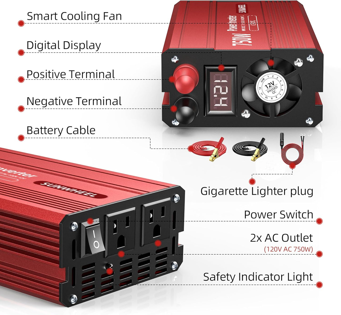 SUNWHEEL 4000W Pure Sine Wave Inverter, 12V DC to 110V/120V AC Power Inverter for RV、Microwave、Off Grid、Truck、Refrigerator、Air Conditioner with 4 AC outlets and LCD Display