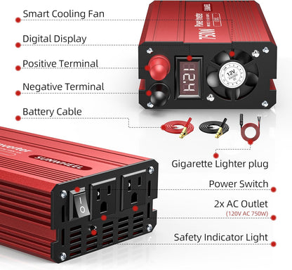 SUNWHEEL 4000W Pure Sine Wave Inverter, 12V DC to 110V/120V AC Power Inverter for RV、Microwave、Off Grid、Truck、Refrigerator、Air Conditioner with 4 AC outlets and LCD Display
