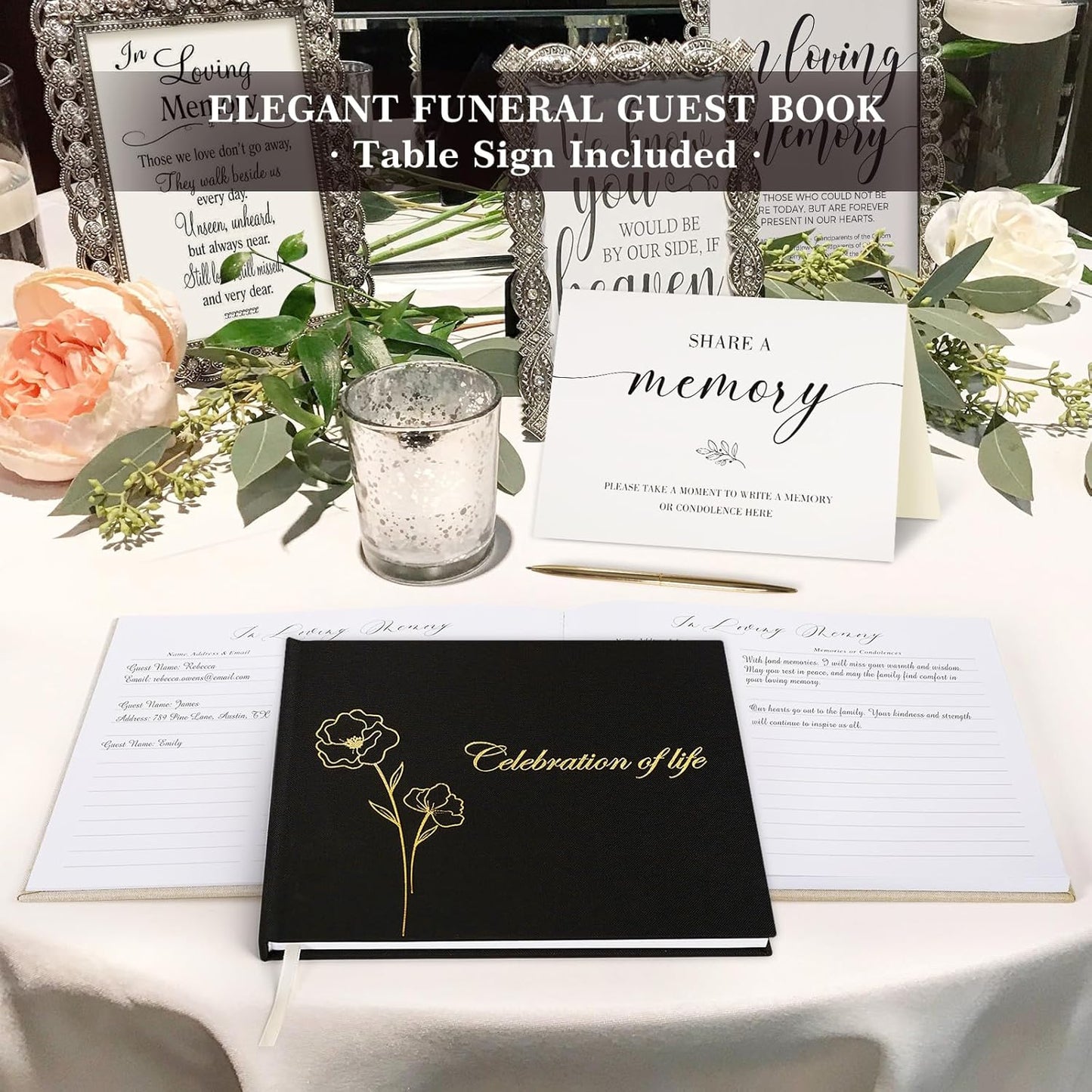 Lanpn Funeral Guest Book for Loving Memory, Linen Memorial Service Registry Guest Book, Funeral Favors Sign in Books for Guests, Celebration of Life Memory Book for Funeral with Table Sign, Beige