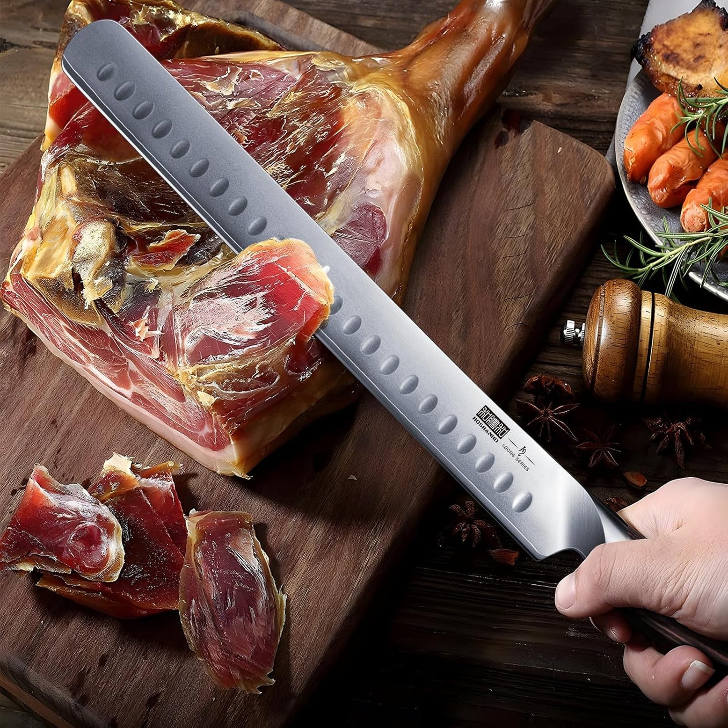 HOSHANHO Carving Knife 12 Inch, Japanese High Carbon Steel Slicing Knife with Ergonomic Pakkawood Handle, Razor Sharp Brisket Knife for Meat Cutting, BBQ, Turkey