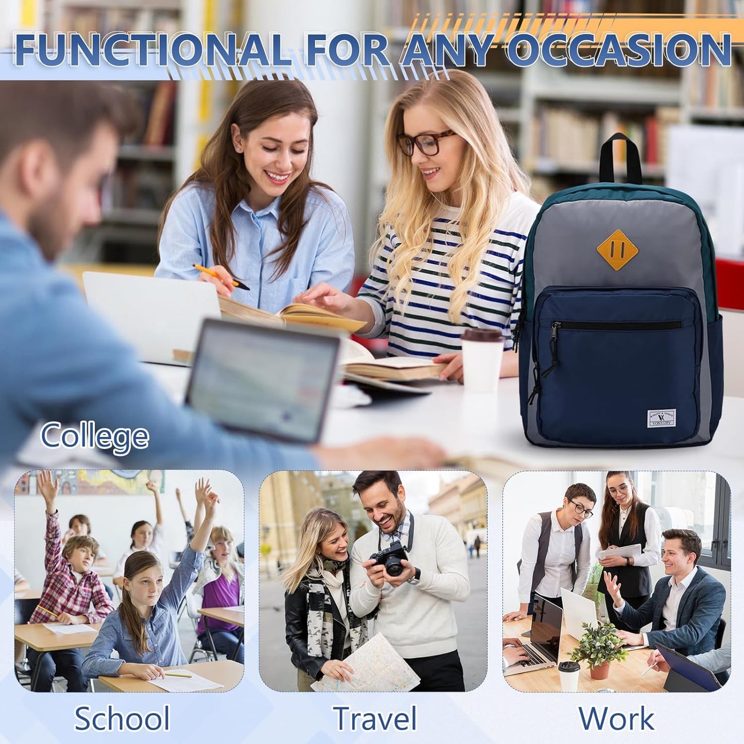 School Backpack for Kids,Lightweight Water Resistant Work Travel Backpack for Women Men Teens VONXURY