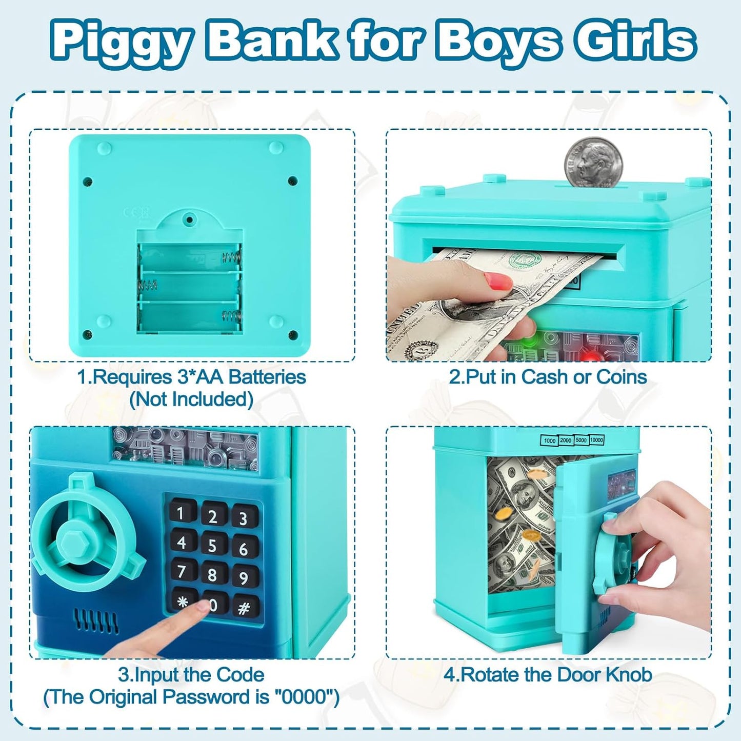 Refasy Boy Toys Age 6-8,Electronic Piggy Bank,Password Money Bank Toys for Kids,ATM Piggy Bank Money Saving Box,Birthday Xmas Gifts for Boys Girls(Blue Green)