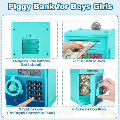 Refasy Boy Toys Age 6-8,Electronic Piggy Bank,Password Money Bank Toys for Kids,ATM Piggy Bank Money Saving Box,Birthday Xmas Gifts for Boys Girls(Blue Green)