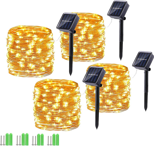 Solar String Lights, 4 Pack Total 220Ft 600 LED Solar Fairy Lights, 8 Modes Waterproof Copper Wire Solar Powered Outdoor Lights for Patio Tree Garden Yard Weeding Party Outdoor Decoration (Warm White)