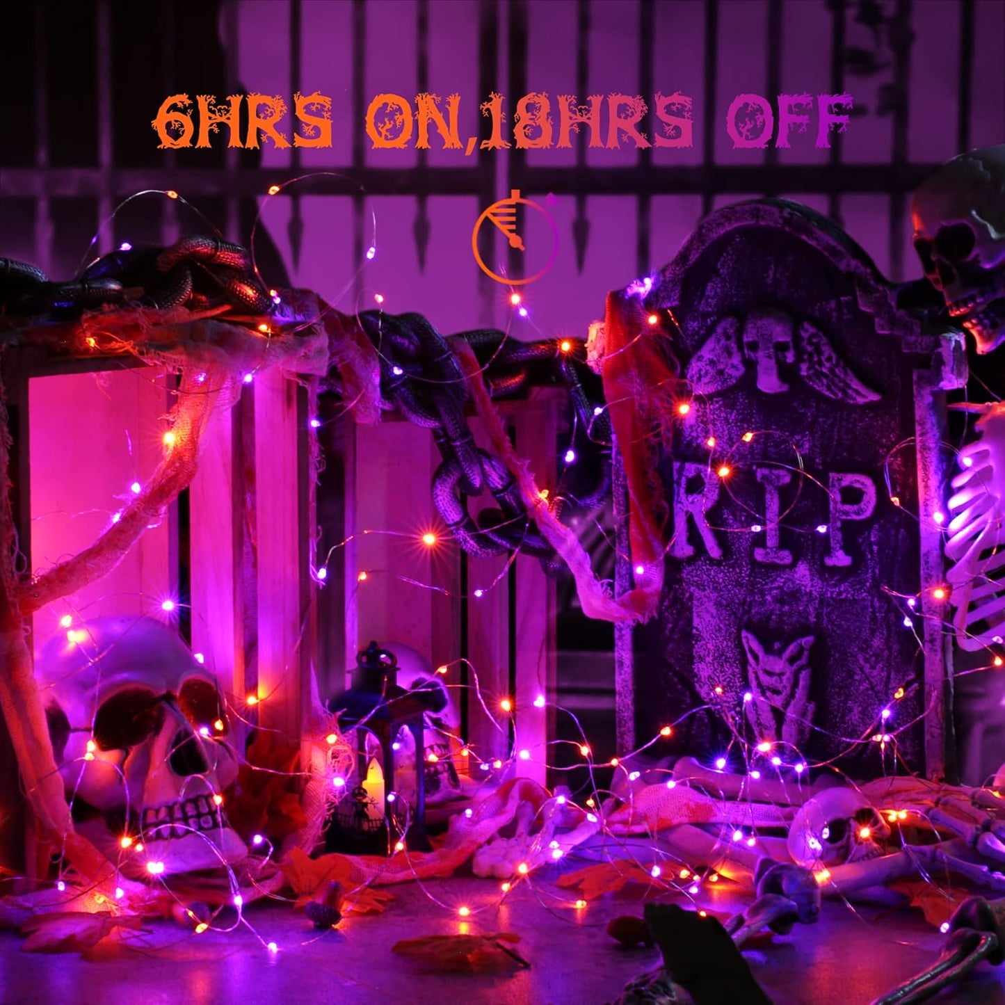 Lyhope Orange Purple Halloween Lights, 2 Pack 33ft 100 Led Battery Halloween Lights, Waterproof 8 Modes with Remote Copper Wire String Lights for Halloween Holiday Party Carnival Graveyard Decorations