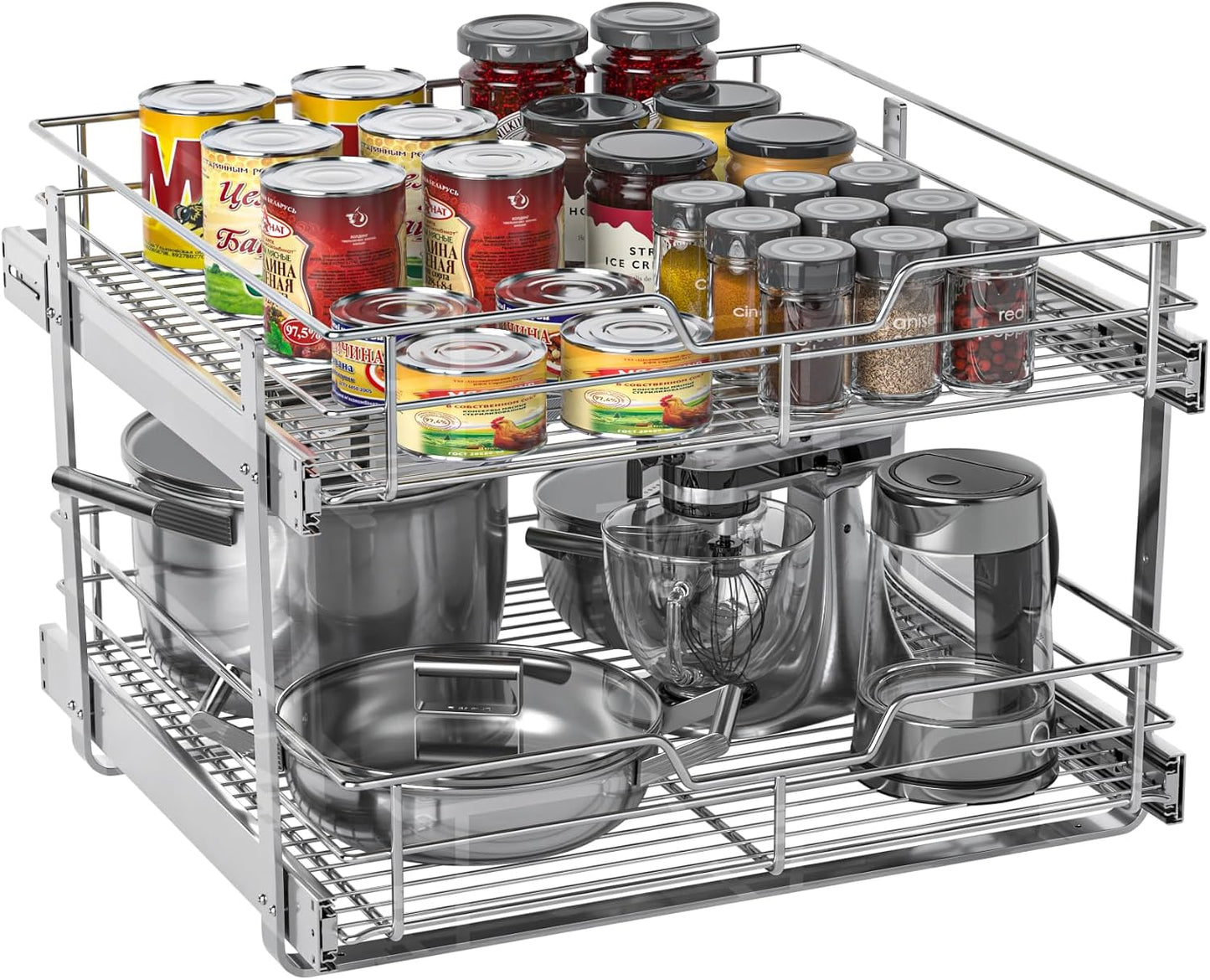 Pull Out Cabinet Organizer, Versatile Slide Out Kitchen Organizers and Storage, Heavy Duty Drawer Cupboard Storage Basket, Smooth Sliding, Chrome Finish (Outside Dimensions: 22.8”W x 21”D)