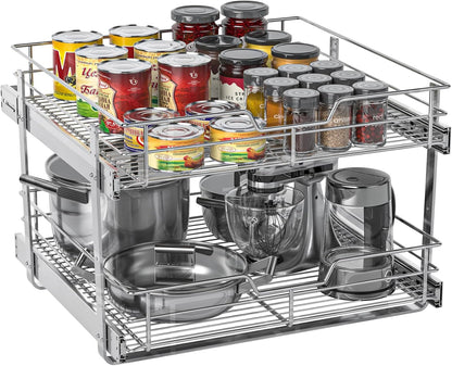 Pull Out Cabinet Organizer, Versatile Slide Out Kitchen Organizers and Storage, Heavy Duty Drawer Cupboard Storage Basket, Smooth Sliding, Chrome Finish (Outside Dimensions: 22.8”W x 21”D)