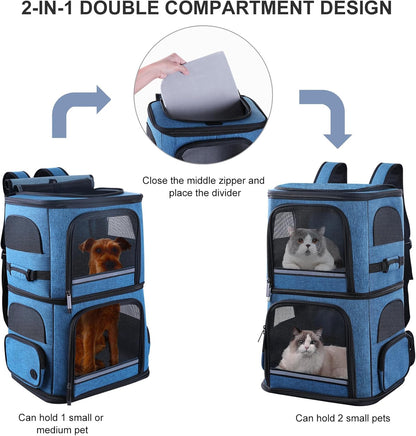 Double Cat Carrier for 2 Cats,Dog Backpack Carrier for Medium Dogs,Double Compartment Pet Carrier Backpack for Dual Pets,for Outdoor Traveling/Stroll and Picnic