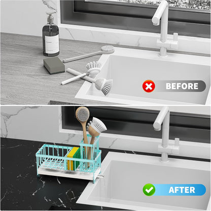 Cisily Sponge Holder for Kitchen Sink, Sink Caddy with High Brush Holder, Organzier Rustproof 304 Stainless Steel Dish Organizer Divider, Soap Dispenser Storage (Black)