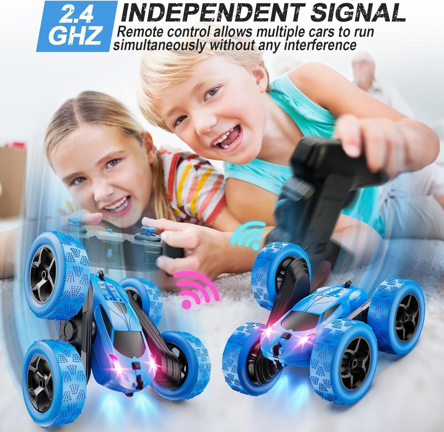 QUNREDA Remote Control Car for Kids Ages 6+, RC Cars Stunt Car Toy 4WD Double Sided 360° Rotating Remote Control with Headlights, Birthday Xmas Gifts for Boys 6 7 8 9 10 11 12 1-Blue