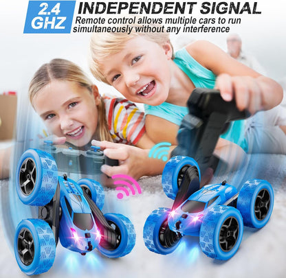 QUNREDA Remote Control Car for Kids Ages 6+, RC Cars Stunt Car Toy 4WD Double Sided 360° Rotating Remote Control with Headlights, Birthday Xmas Gifts for Boys 6 7 8 9 10 11 12 1-Blue