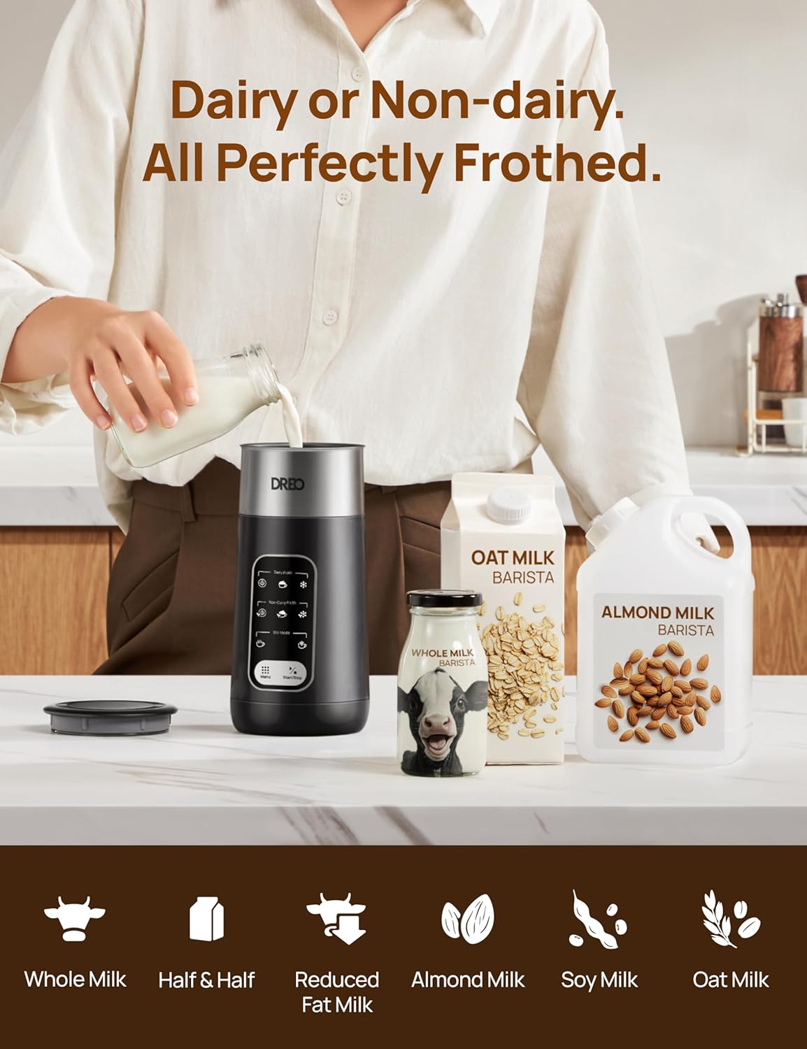 Dreo Milk Frother, 8-in-1 Electric Frother for Latte Art Coffee, 9oz/270ml Warm and Cold Foam Automatic Frothers for Dairy and Non-Dairy Milk, LED, Easy to Clean, BaristaMaker Air