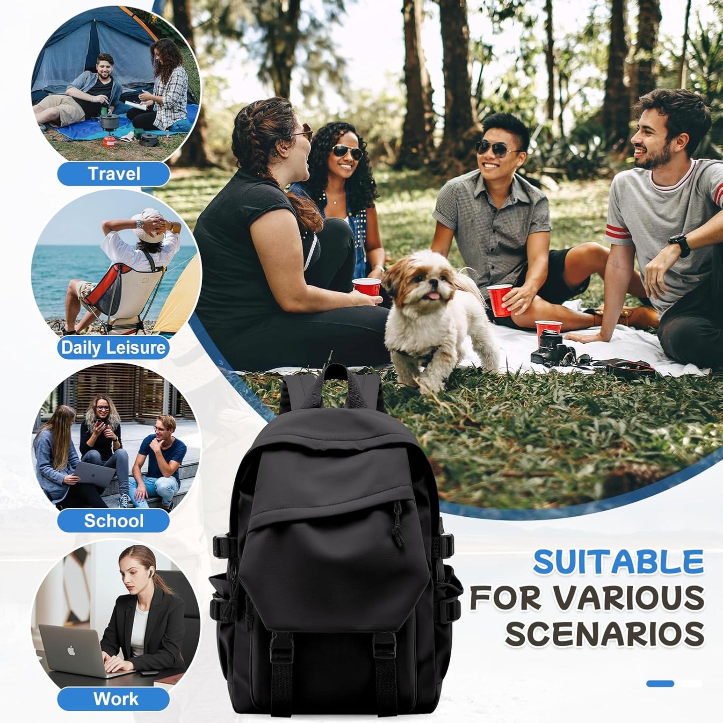 School Backpack for Women Men College High School Bags for Boys Girls Casual Daypack Laptop Backpack Waterproof Black Bookbag Travel Rucksack