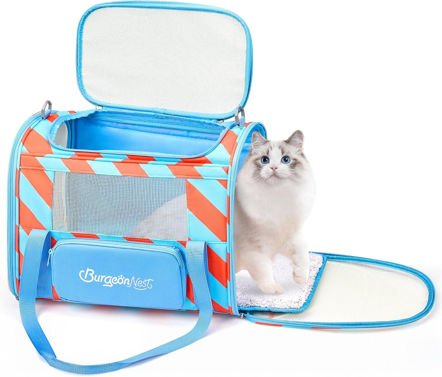 BurgeonNest Cat Carriers for Medium Cats Under 25 lbs, Pet Carrier for Cats with Unique Side Bag,Top Load Small Pet Carrier Soft-Sided Escape Proof with 4 Ventilated Windows
