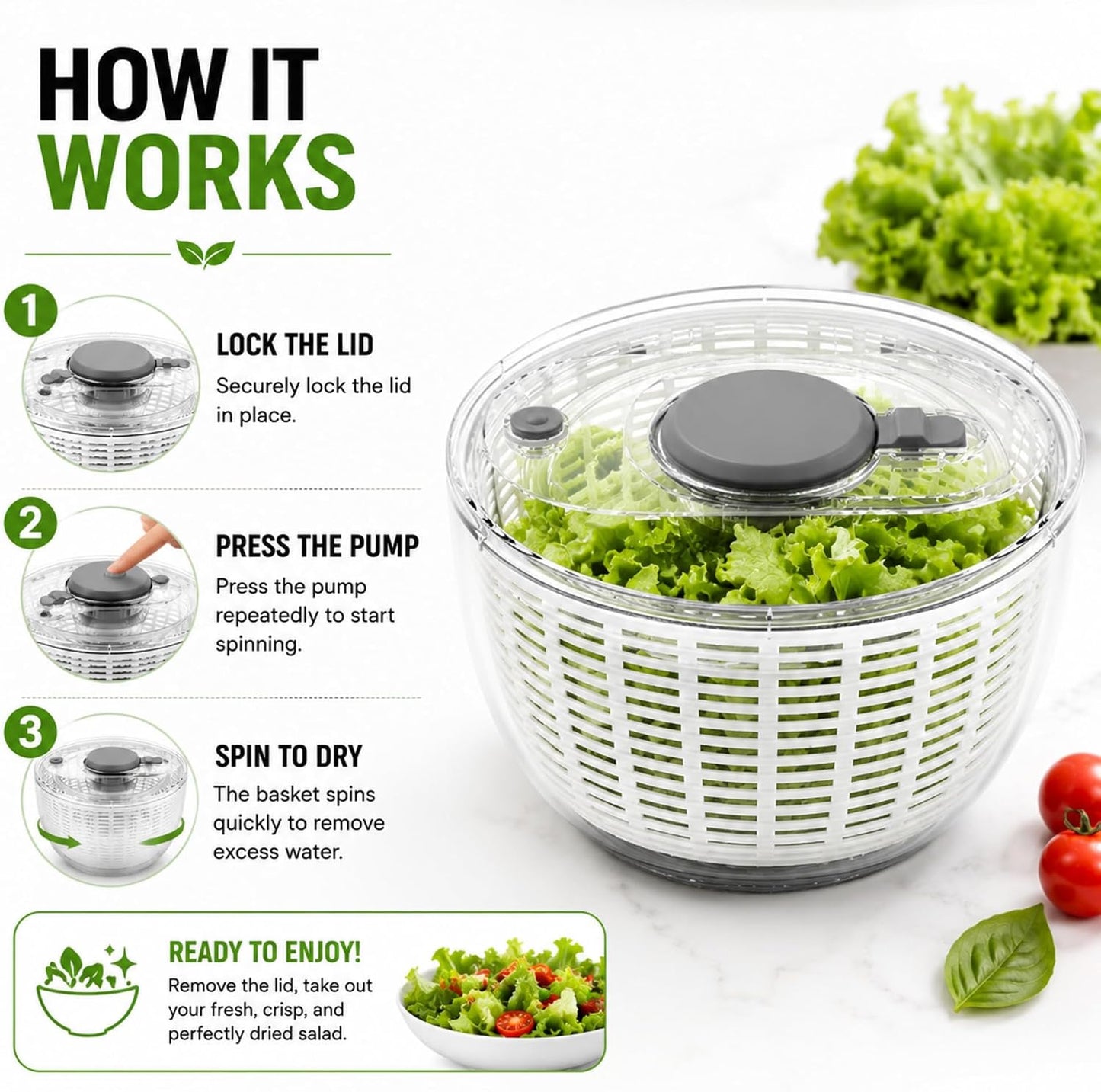 3.6L Salad Spinner – Manual Vegetable & Lettuce Dryer, Plastic Colander Bowl with Quick Spin Drain System – Kitchen Fruit & Veg Washer Dryer – 21 x 21 x 13 cm, 750g