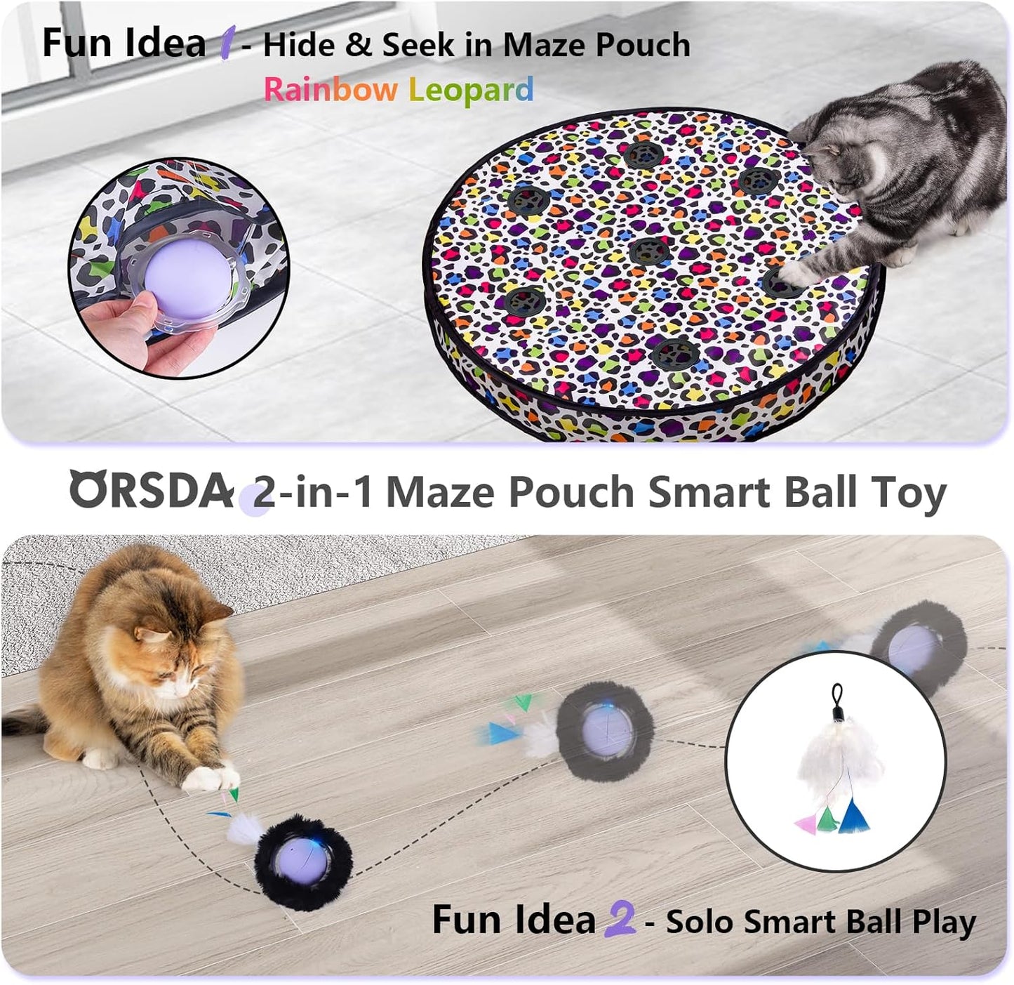 ORSDA Cat Toys Ball – Motion & Chirp-Activated Rolling Ball with 7-Hole Maze Pouch, Interactive Hide-and-Seek Indoor Cat Toy, Automatic Obstacle Avoidance, Purple - PuriLite