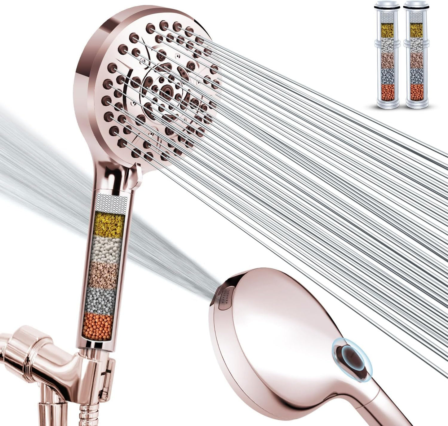 High Pressure 10-Mode Handheld Shower Head - Built in Power Wash for Clean, Replaceable Filter Soften Hard Water Remove Chlorine, 60 Inches Hose, Overhead Bracket, Anti-Clog Nozzle (Chrome)