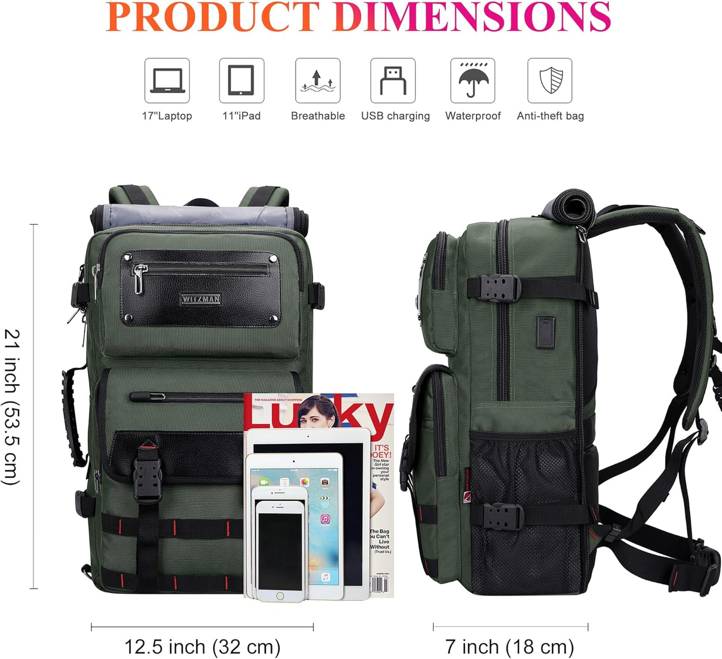 WITZMAN Carry On Travel Backpack for Men Duffle Bags Fit for 17 Inch Laptop Airline Approved Laptop Backpack