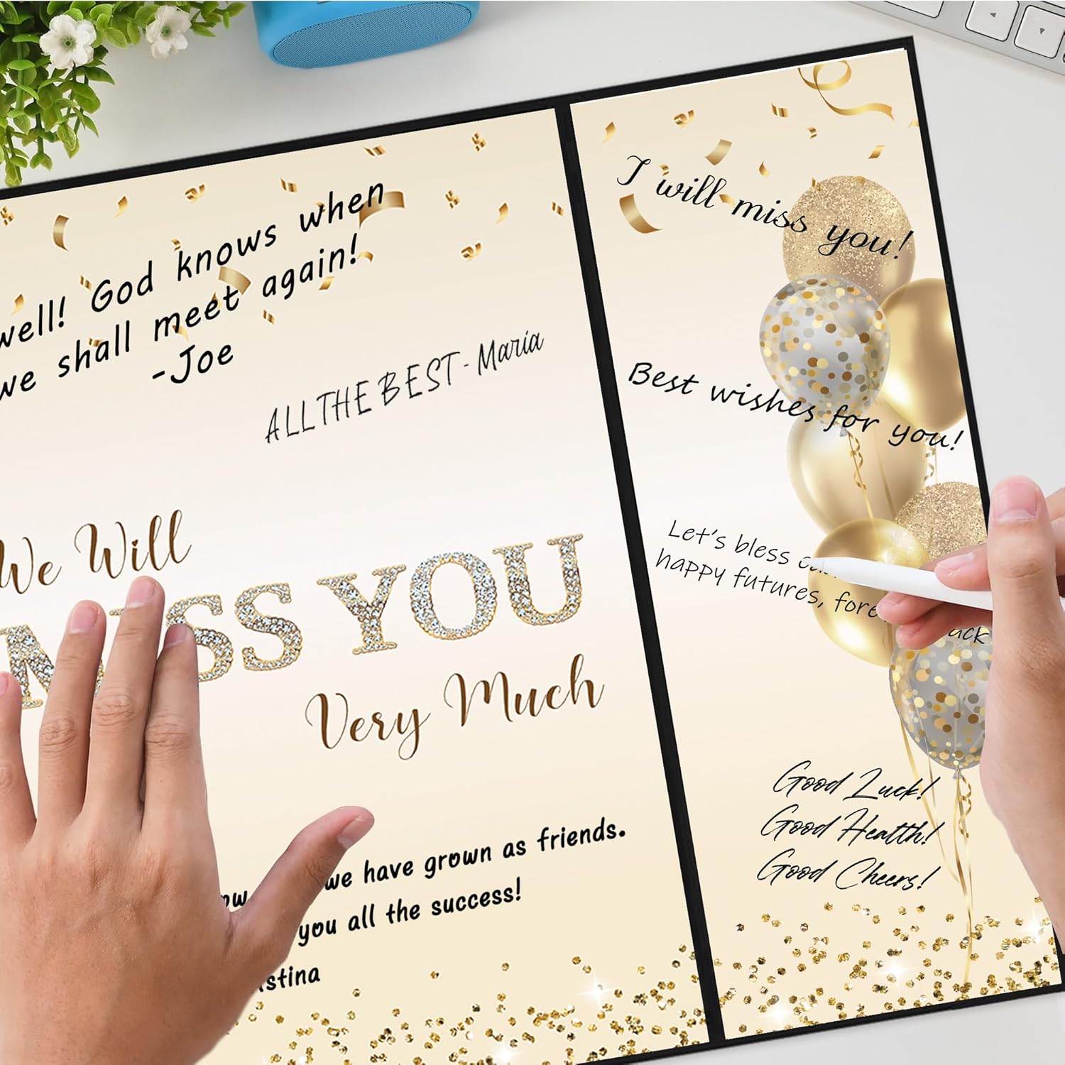 DARUNAXY Black Gold Farewell Party Decorations, We Will Miss You Very Much Alternative Signature Guest Book for Men Women Going Away Gifts Signing Card Board for Retirement Graduation Party Supplies - PuriLite