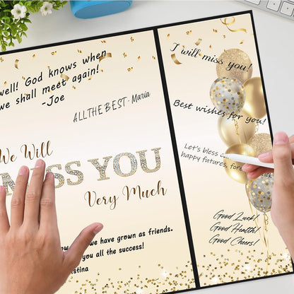 DARUNAXY Black Gold Farewell Party Decorations, We Will Miss You Very Much Alternative Signature Guest Book for Men Women Going Away Gifts Signing Card Board for Retirement Graduation Party Supplies - PuriLite