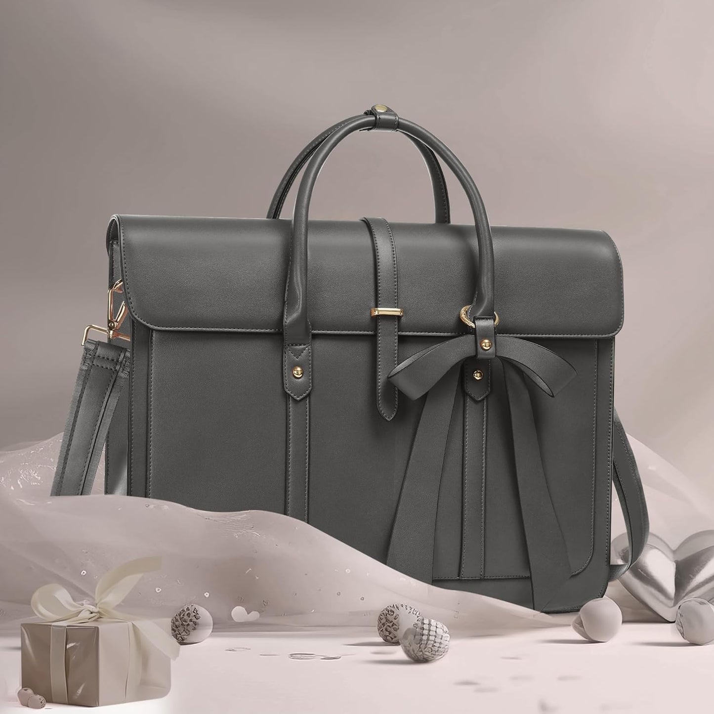MOSISO Laptop Bag for Women, PU Leather Laptop Shoulder Bag Convertible Backpack, Work Travel Computer Bag with Bowknot - PuriLite