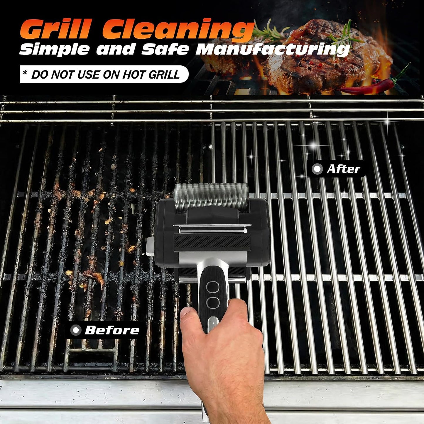 Electric Grill Brush with LED Light, Efficient Grill Cleaning Brush with 350 RPM Stainless Power Roller, Grill Brush Bristle Free Blasts Away Burnt-On Food for Gas/Charbroil Grates (Black)