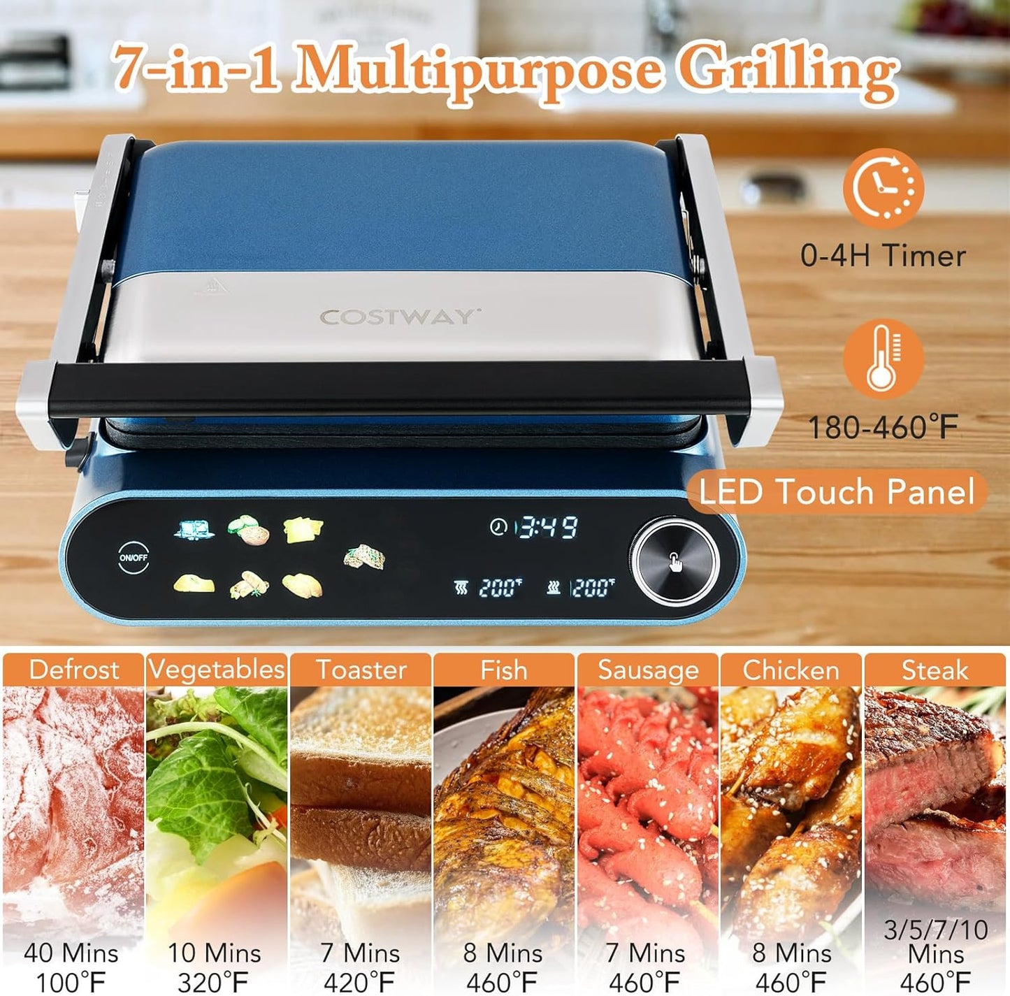 COSTWAY Panini Press, 1200W Sandwich Maker with LED Touch Panel, Non-Stick Coated Plates & Removable Drip Tray, 180 Degrees with 7 Grilling Modes for any Thickness for Quesadillas, Burgers & More