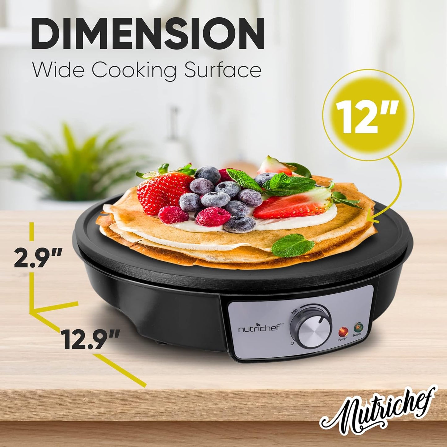 NutriChef Electric Crepe Maker, Cooks Roti, Tortillas, Pancakes, Nonstick Cooktop, 8-inch Cook Area On/Off Switch, Automatic Temperature Control & Cool Touch Handle, Includes Food Bowl, Whisk, Spatula