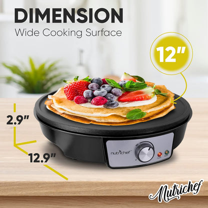 NutriChef Electric Crepe Maker, Cooks Roti, Tortillas, Pancakes, Nonstick Cooktop, 8-inch Cook Area On/Off Switch, Automatic Temperature Control & Cool Touch Handle, Includes Food Bowl, Whisk, Spatula