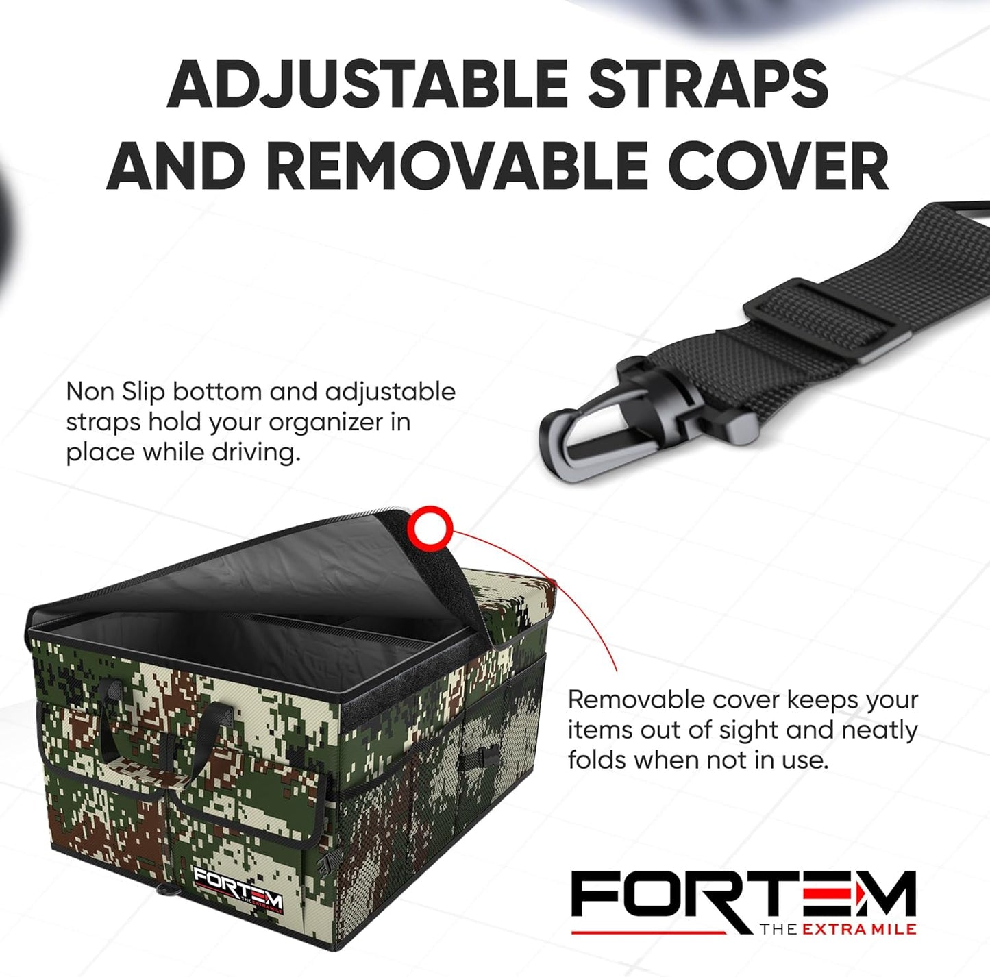 FORTEM Car Trunk Organizer, Collapsible Multi Compartment Car Organizer, Foldable SUV Storage for Car Accessories for Women Men, Non Slip Bottom, Securing Straps, Soft Cover 50L (Black, Standard)