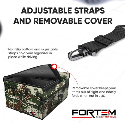 FORTEM Car Trunk Organizer, Collapsible Multi Compartment Car Organizer, Foldable SUV Storage for Car Accessories for Women Men, Non Slip Bottom, Securing Straps, Soft Cover 50L (Black, Standard)