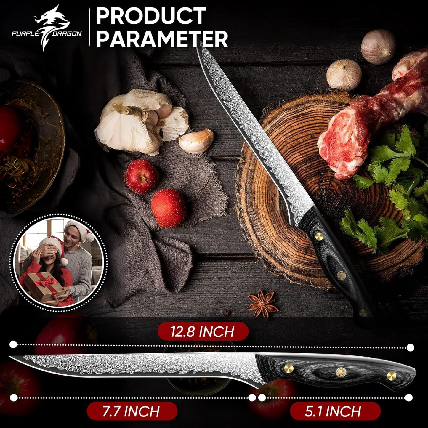 Purple Dragon Damascus Fish Fillet Knife - 7 inch Flexible Boning Knife with VG10 Core, Kitchen Slicing Knife with Full Tang Handle, Birthday Dad Mom Gift