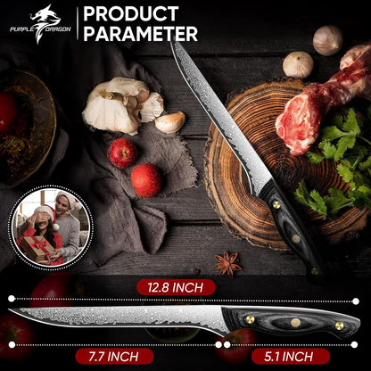 Purple Dragon Damascus Fish Fillet Knife - 7 inch Flexible Boning Knife with VG10 Core, Kitchen Slicing Knife with Full Tang Handle, Birthday Dad Mom Gift