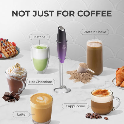 Zulay Kitchen Powerful Double Whisk Milk Frother Handheld - Foam Maker with Stand - Whisk Drink Mixer for Coffee, Mini Foamer for Latte, Matcha, Frappe, Hot Chocolate & Cappuccino (Black)