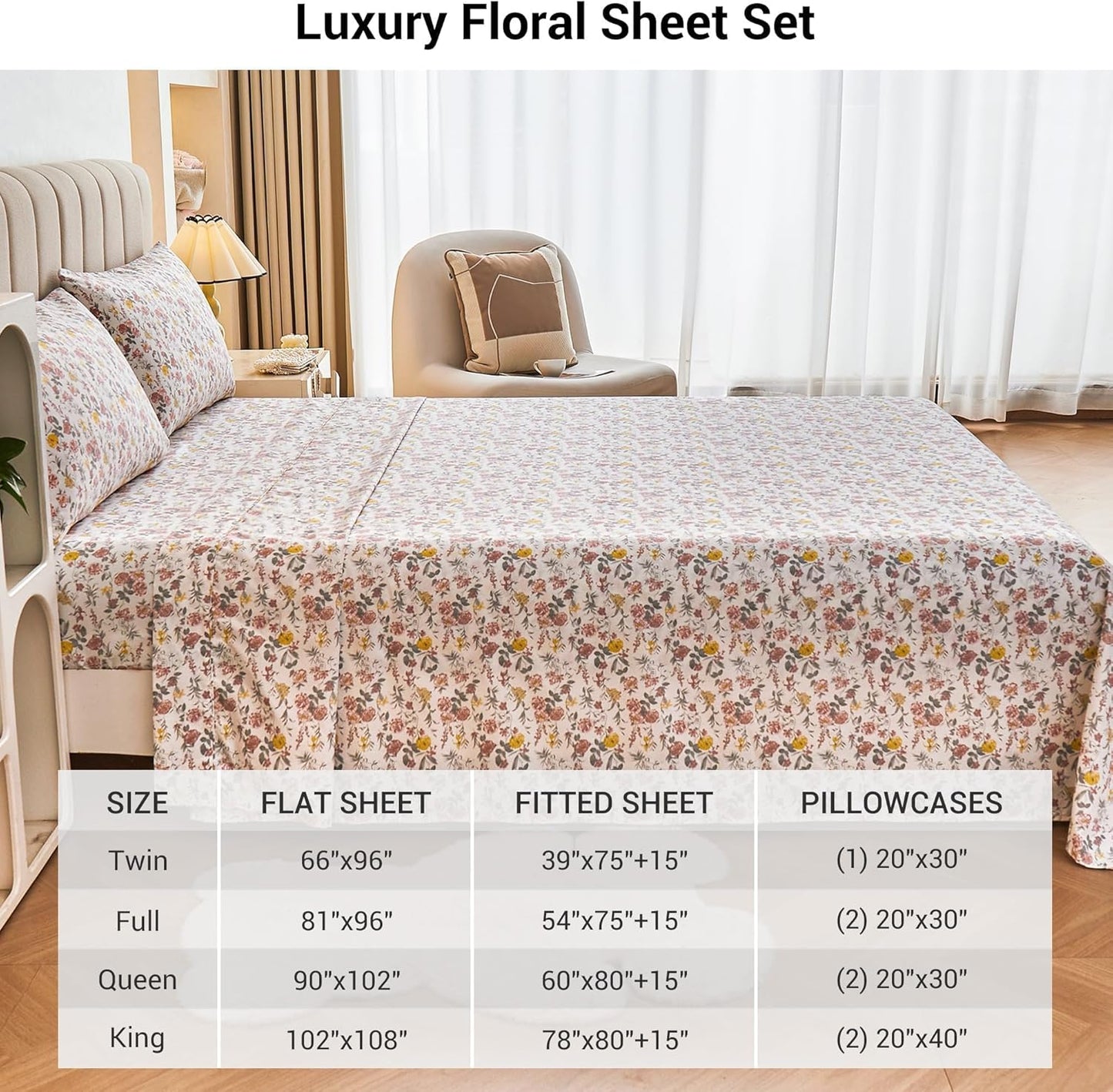 Viviland Floral Queen Sheet Set - 4 Piece Vintage Pink & Yellow Flower Patterned Bed Sheets - Soft, Breathable Microfiber Sheets with Deep Pocket, Non-Slip Fitted Sheets & Pillowcases