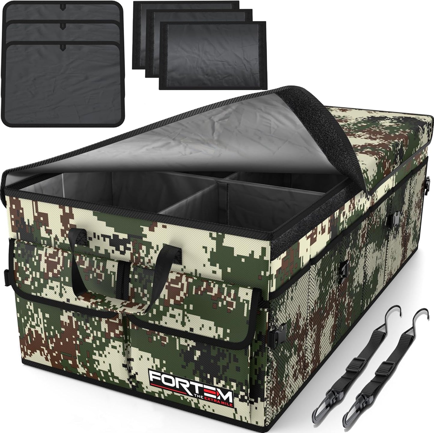 FORTEM Car Trunk Organizer, Collapsible Multi Compartment Car Organizer, Foldable SUV Storage for Car Accessories for Women Men, Non Slip Bottom, Securing Straps, Soft Cover 50L (Black, Standard)