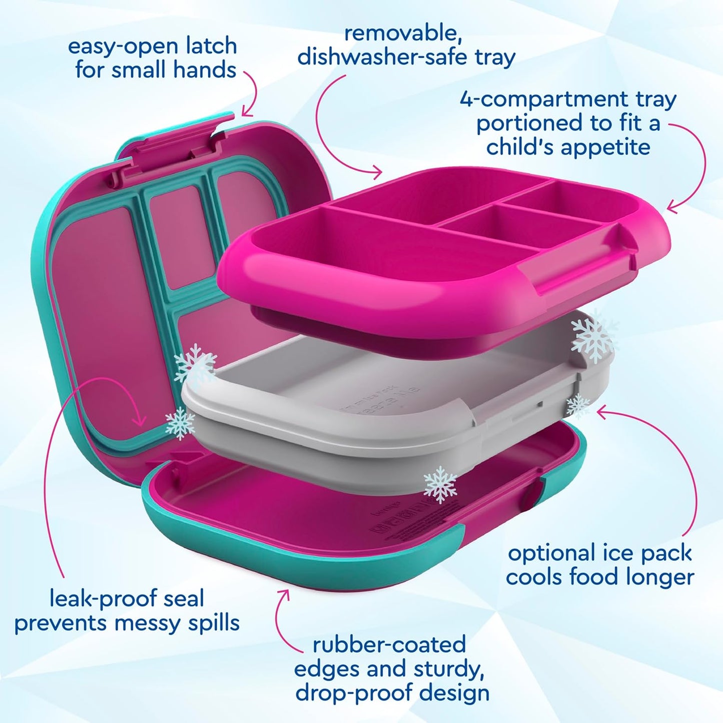 Bentgo Chill Kids Leak-Proof Lunch Box - 4-Compartment Bento Box with Built-In Ice Pack, 3.3 Cup Capacity, PFAS & BPA-Free, Microwave & Dishwasher Safe, Ideal Size for Ages 3 to 7 (Aqua)